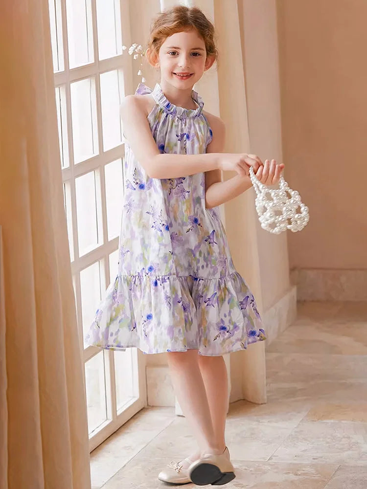 Sommerliches Mädchenkleid aus 100% Baumwolle mit kurzen Ärmeln und Tulpenblumenmuster – niedliche Freizeitkleidung für Kinder von 3 bis 14 Jahren