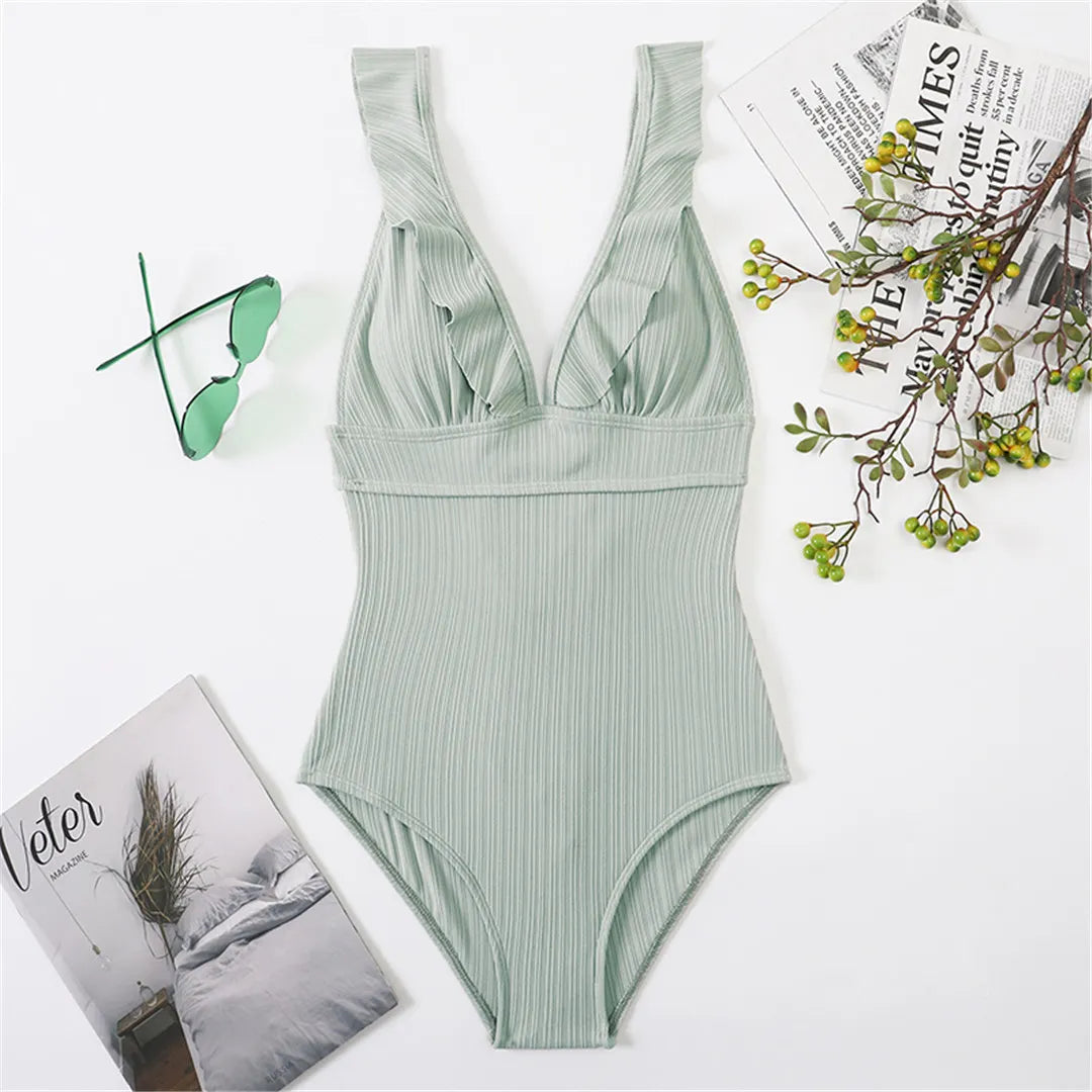 Damen Badeanzug Rüschen V-Ausschnitt rückenfrei Schnürung Monokini 6 Farben