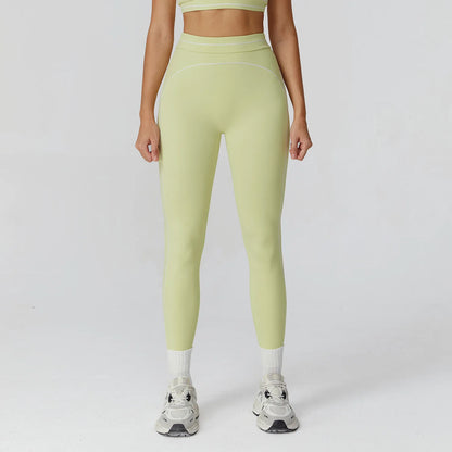 Damen Yoga-Leggings in Hellgrün/Limette mit Kontrastnähten und elastischem Bund