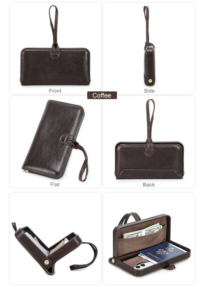 Damen-Lederhandgelenktasche in Coffee-Braun als Front-, Seiten- und Rückansicht-Set.