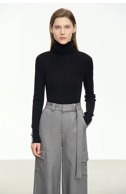 Damen-Rollkragenpullover Wolle-Mix Patchwork schlank Winter