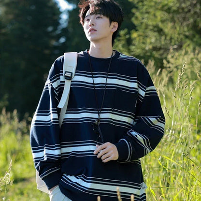 Herbst japanische Vintage gestreifte Crewneck Sweatshirts für Männer y2k Streetwear Langarm T-Shirts Frauen lässig Tasche Strick oberteile