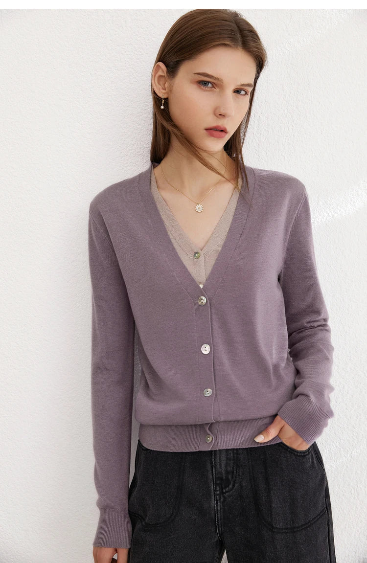 Damen-Wollstrickjacke, lila, V-Ausschnitt, Knopfleiste und Rippenbündchen