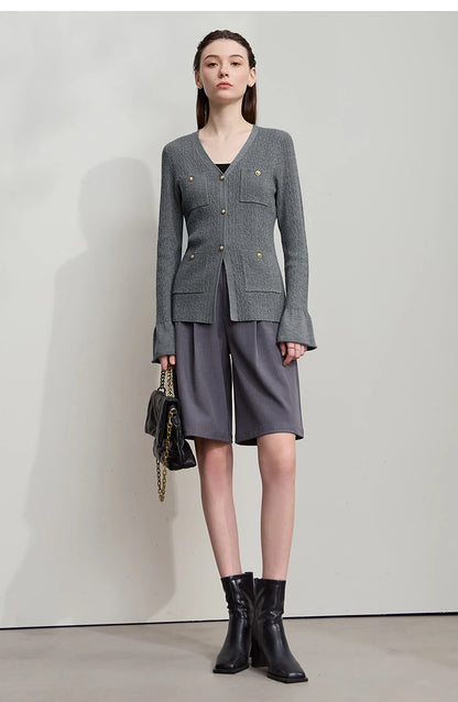 Damen-Strickjacke V-Ausschnitt einfarbig gerade Langarm vielseitig Herbst