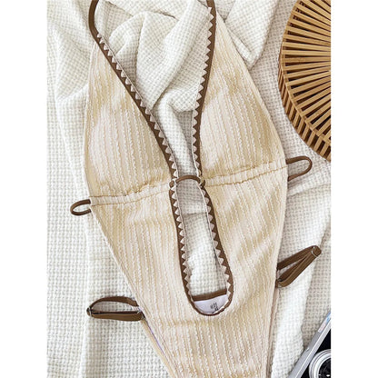 Damen Badeanzug tiefer V-Ausschnitt gerüscht Neckholder High-Cut Monokini rückenfrei