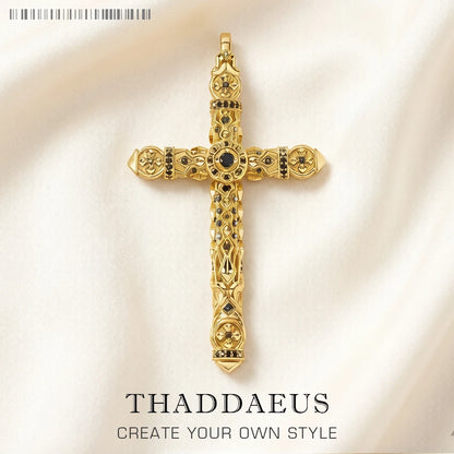 Damen-Charm-Anhänger Kreuz schwarze Steine Gold aus Sterlingsilber