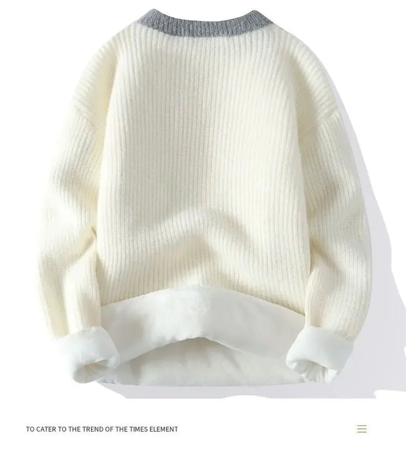 Dicker Herren-Pullover mit Rundhalsausschnitt und Patchwork-Design – Lockerer, elastischer Langarm für Herbst und Winter