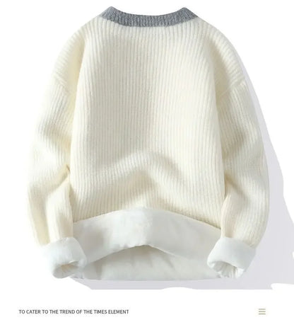 Dicker Herren-Pullover mit Rundhalsausschnitt und Patchwork-Design – Lockerer, elastischer Langarm für Herbst und Winter