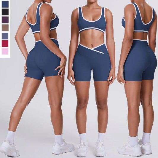 Hamidou Yoga-Set: dunkelblauer Sport-BH und High-Waist-Shorts mit Crossover-Naht, weiß eingefasst