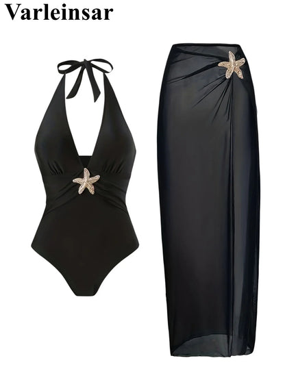 Damen Badeanzug Rock tiefer V-Ausschnitt Neckholder Seestern gepolstert Einteiler