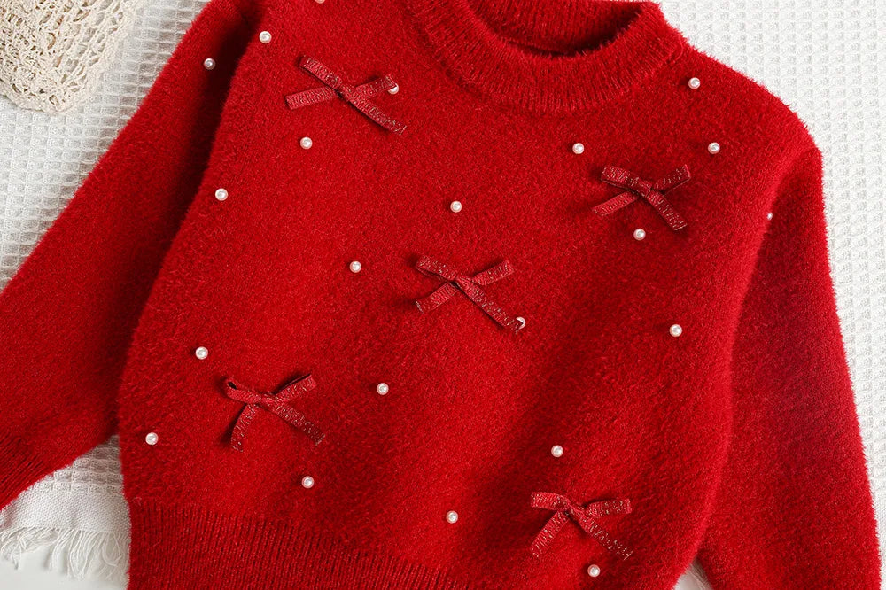 Mädchen Pullover mit niedlichem Bogen und Perlen für die Herbstsaison