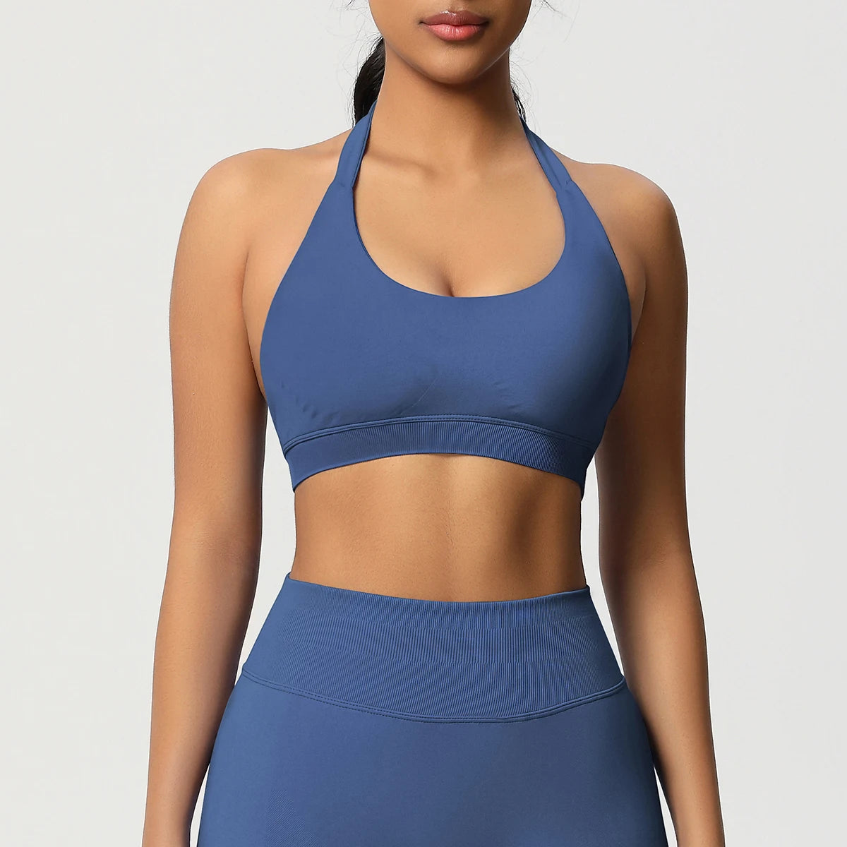 Sport-BH mit Push-up, blau, nahtloser Schnitt, Racerback, Rundhalsausschnitt