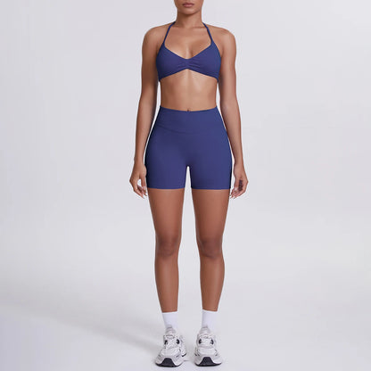 Nahtloses Yogaset für Damen: blaues Top mit High-Waist-Shorts