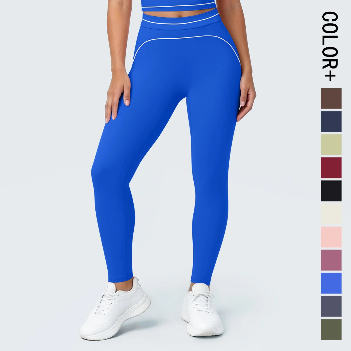 Nahtlose Yoga-Leggings mit hoher Taille, blau, figurbetont und mit seitlichen Kontraststreifen.