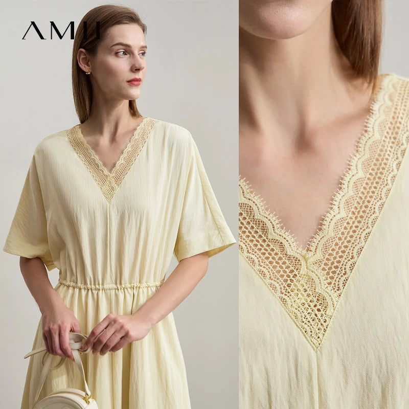 Elegantes Damen Sommerkleid Mit V-Ausschnitt Und Elastischer Taille