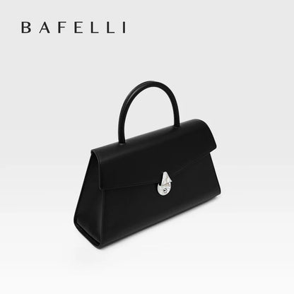 Schwarze Echtleder-Handtasche mit kurzem Griff, Klappe und silbernem Verschluss