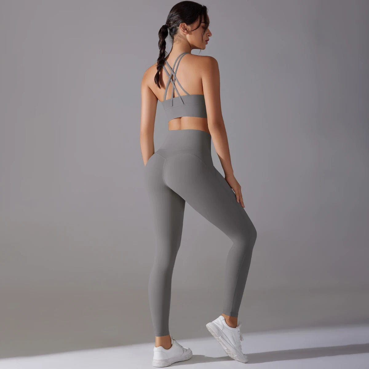 Damen-Yoga-Set mit Bügeltop und Leggings, Slim Fit, grau, Rückenansicht