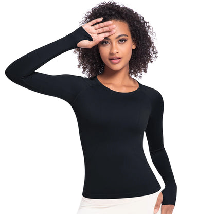 Damen-Langarm-Laufshirt, eng anliegend, Rundhalsausschnitt, schwarz
