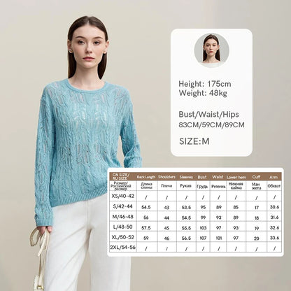 Hellblauer Damen-Strickpullover mit Rundhals, Langarm und Zopfmuster im Hohlstrick