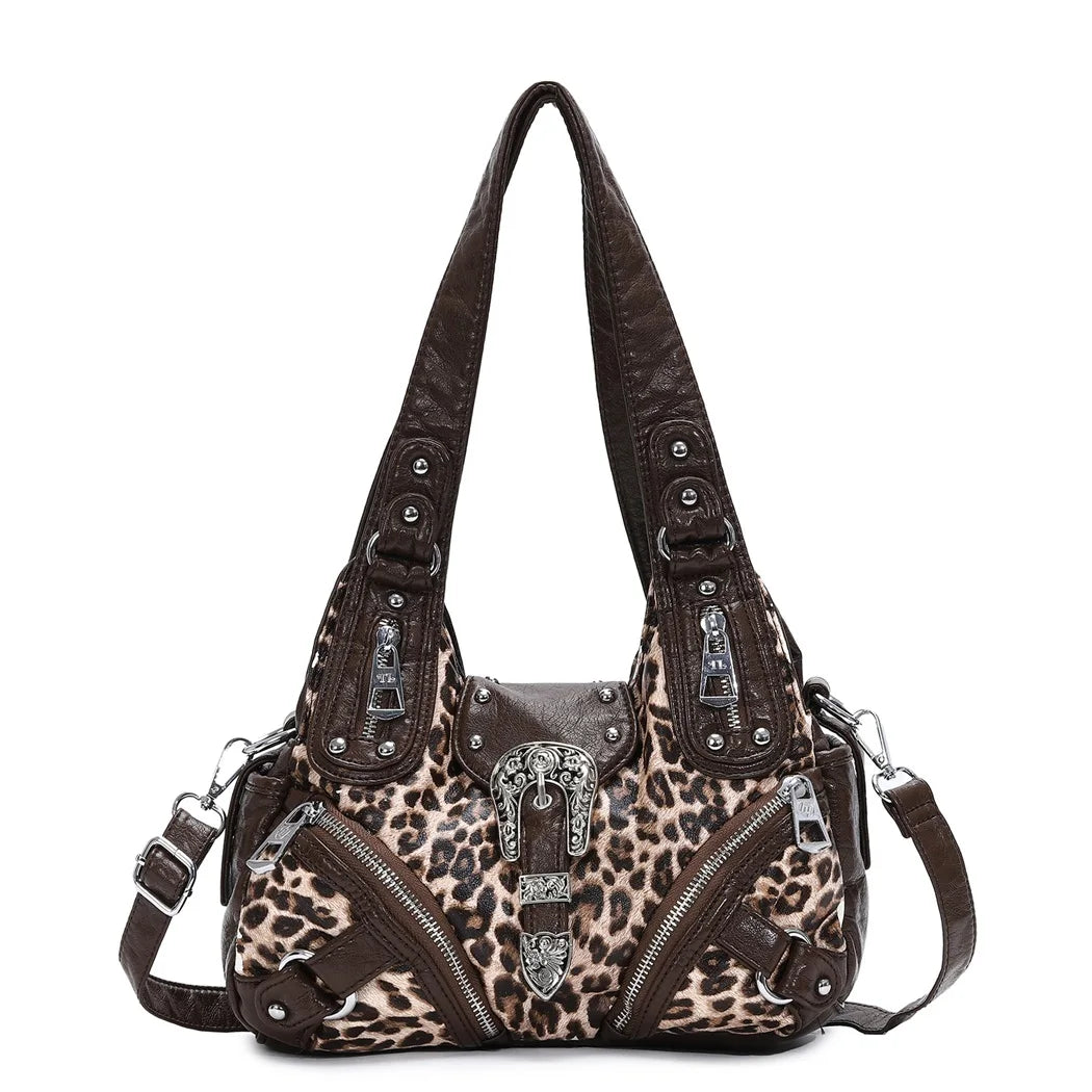 Braune Schultertasche mit Leopardenmuster, zwei Reißverschlussfächern und Trageriemen