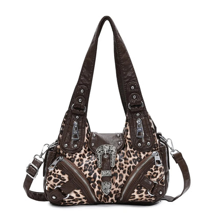 Damen-Schultertasche Patchwork Leopardmuster Mit Innenfach Und Handyfach Für Alltagsoutfits