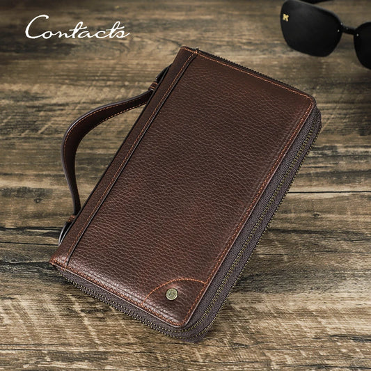 Braune Leder-Clutch mit Reißverschluss, langem Kartenfach und Schlaufe