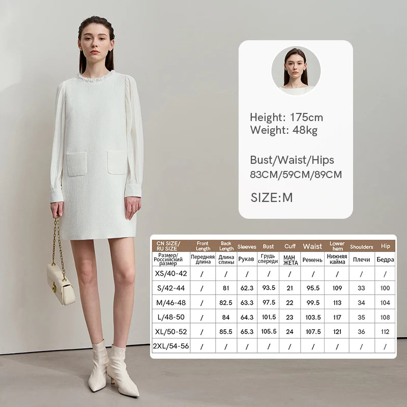 Beiges Damenkleid mit langen Ärmeln, Taschen vorne und Schmuckbesatz am Halsausschnitt