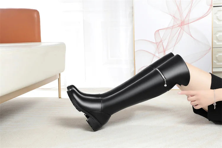 AIYUQI Women's Over Knee Boots Winter Fashion Middle Heel Fur Long Boots Women Genuine Leather Rider Boots Ladies