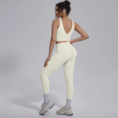 Damen-Yoga-Set, hellbeige: Top mit V-Rücken und Leggings mit Knie-Bund
