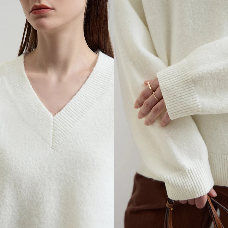 Damen V-Ausschnitt Pullover locker Raglan Wolle-Mix Herbst-Winter