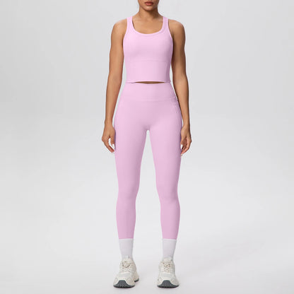 Damen-Yoga-Set mit kurzem Tanktop und High-Waist-Leggings, rosafarben