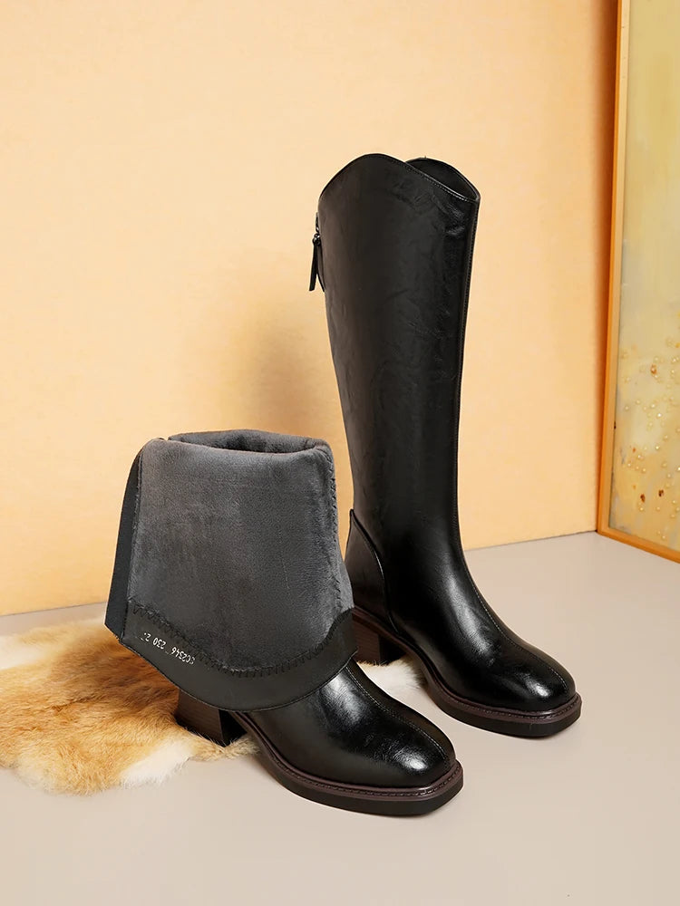 Women Winter Boots Genuine Leather Natural Wool Warm Female Knight Boots Square Toe Back Zipper Western Cowboy Boots Women