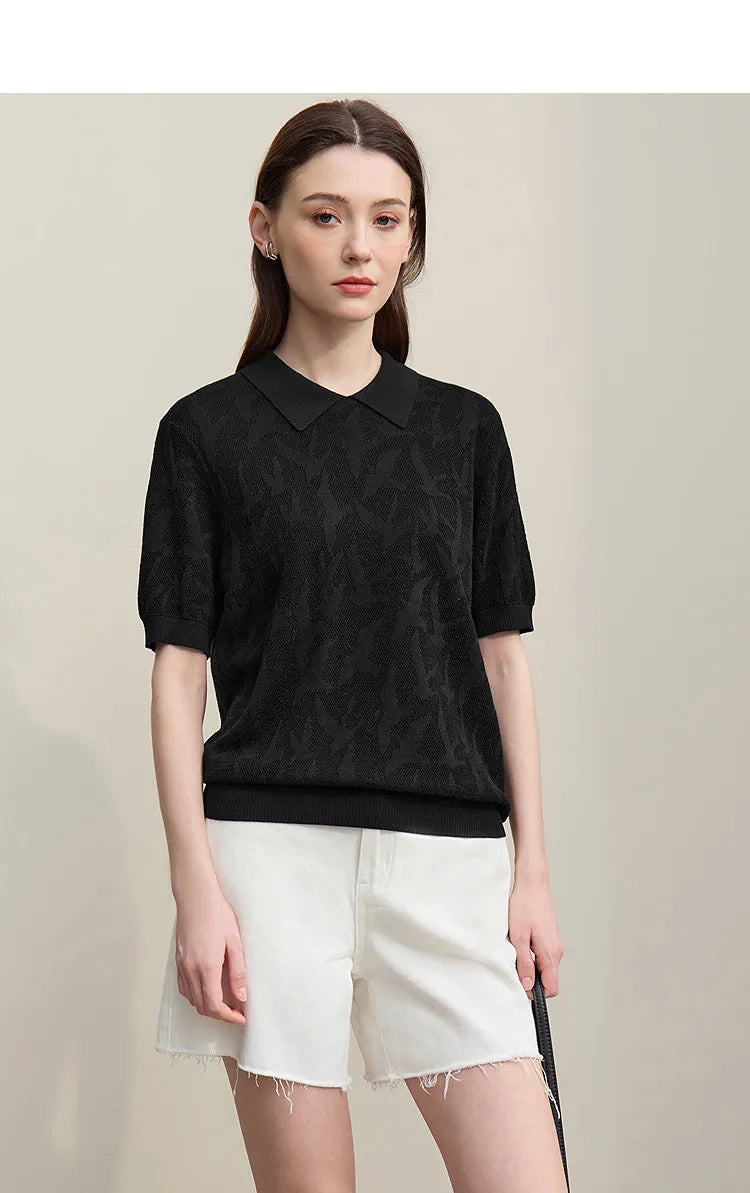 Damen-Strickpullover mit Reverskragen, Jacquardmuster, kurzärmelig, schwarz