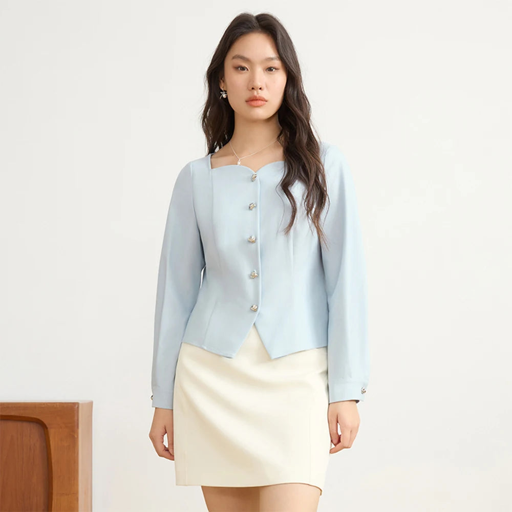 Langärmlige Damenbluse aus 100% Baumwolle in Blau und Pink – ideal für den Herbst und den Arbeitsalltag