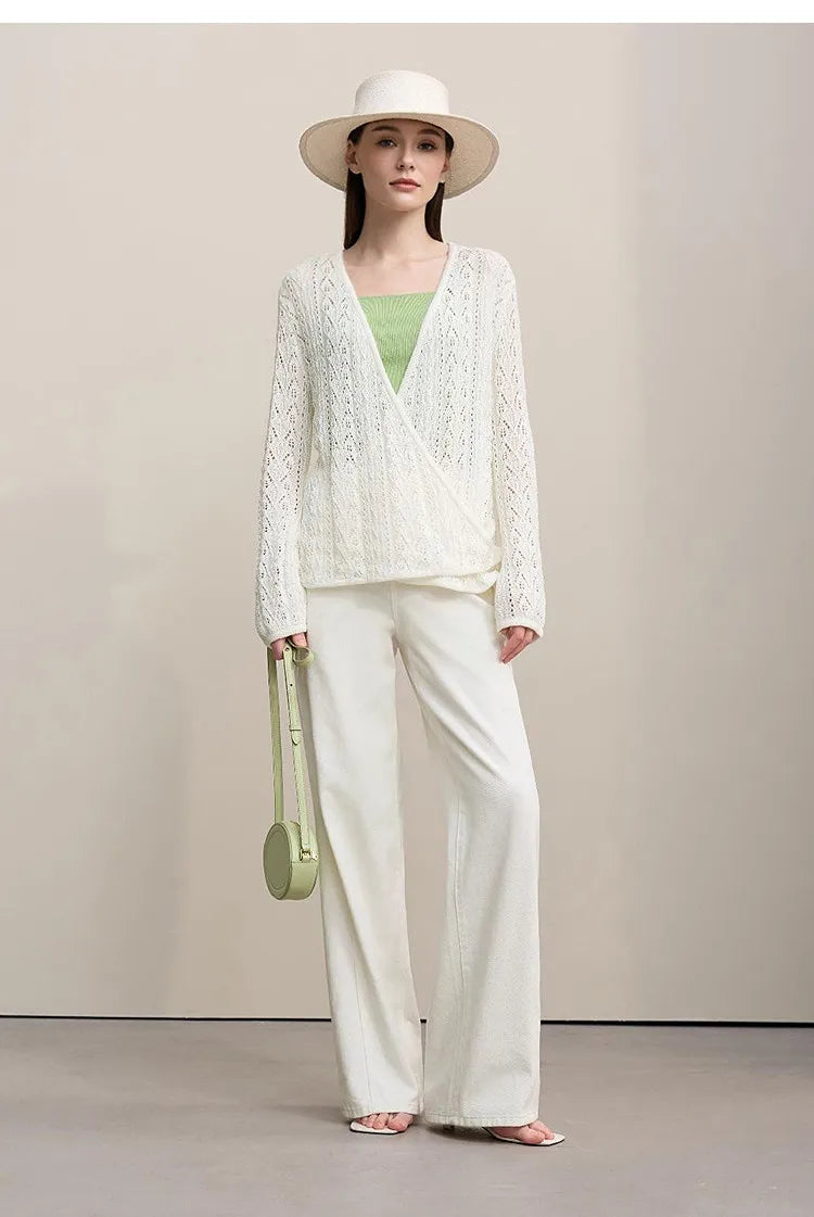 Damen-Strickjacke V-Ausschnitt Wolle Hohlstrick locker Langarm Frühling