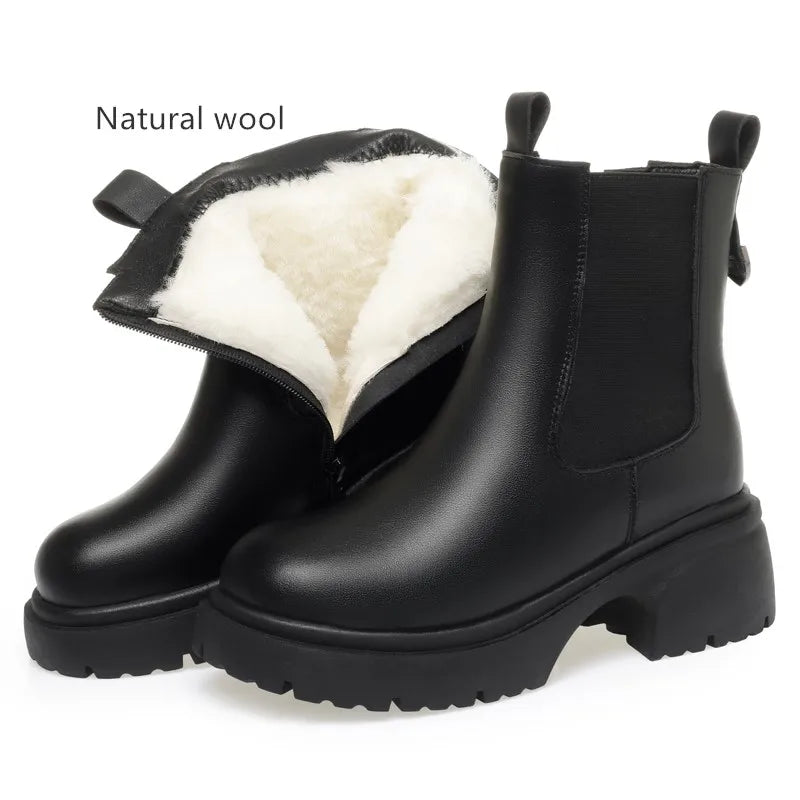 Schwarze Damen-Chelsea-Boots mit Wollfutter, elastischer Schaft, dicke Profilsohle