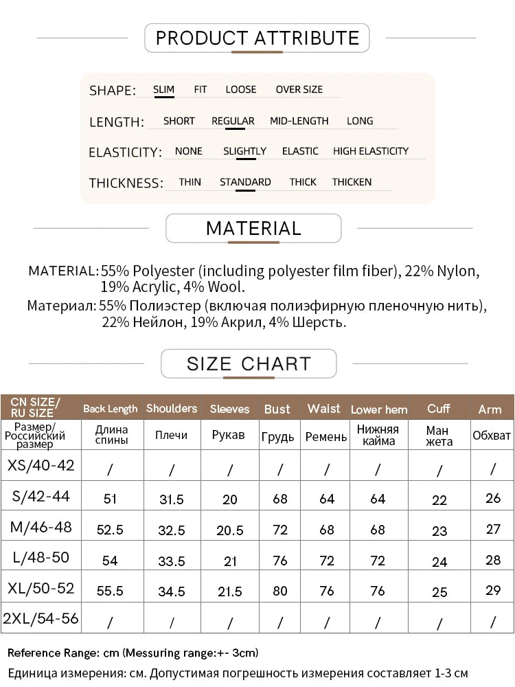 Produktattribute und Größenchart für Damenpullover: Material, Elastizität, Maße