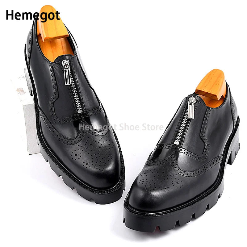 Schwarze Herren-Lederschuhe mit Reißverschluss, Brogue-Design und sichtbarem Innenfutter