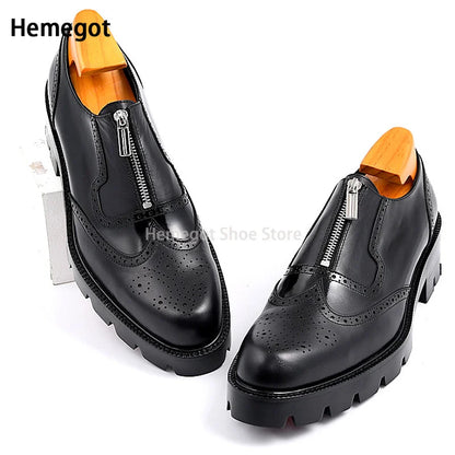 Schwarze Herren-Lederschuhe mit Reißverschluss, Brogue-Design und sichtbarem Innenfutter