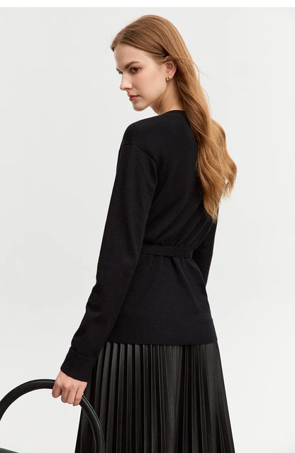 Damen-Strickjacke V-Ausschnitt chinesischer Stil Gürtel Langarm Herbst
