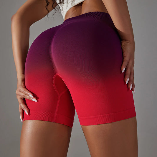 Nahtlose High-Waist Yoga-Shorts mit Push-up, Farbverlauf bordeaux zu rot