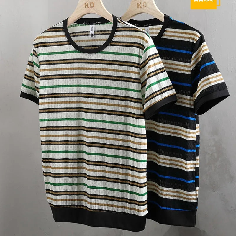 Herren T-Shirt aus elastischer Eis-Seide mit klassischen Streifen und kurzen Ärmeln