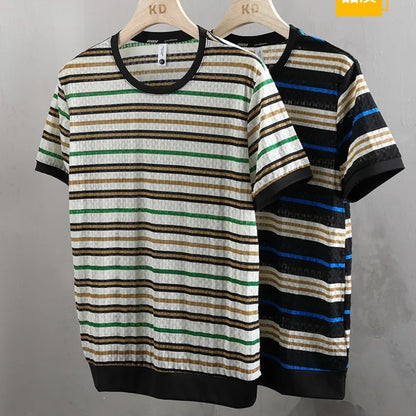 Herren T-Shirt aus elastischer Eis-Seide mit klassischen Streifen und kurzen Ärmeln