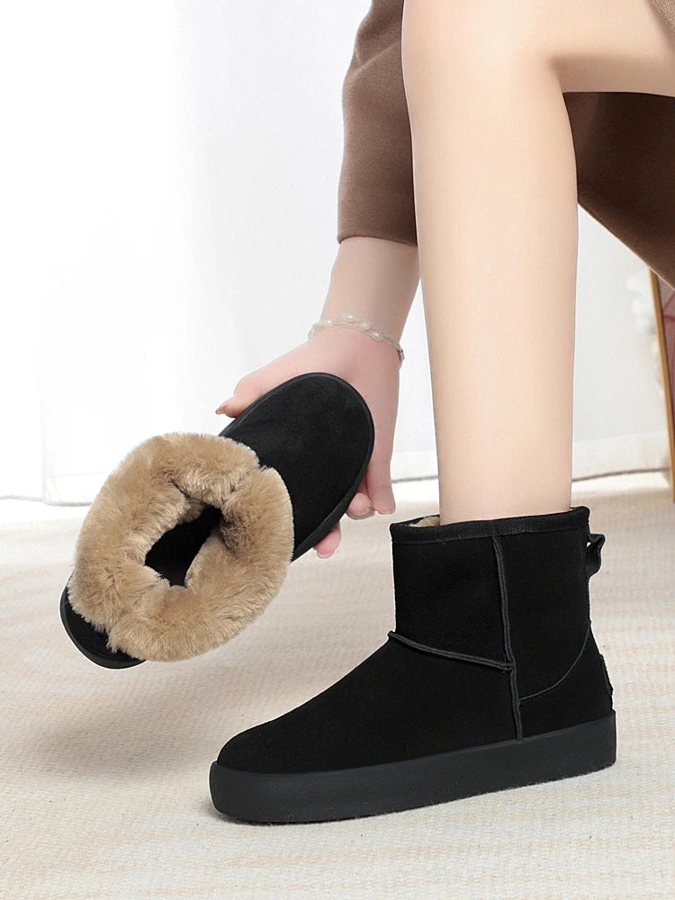 Damen Schnee Stiefel aus echtem Leder mit warmem Wollfutter