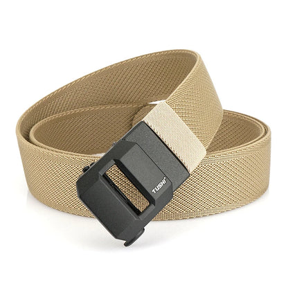 Unisex-Gürtel aus elastischem Nylon mit mattschwarzer Schnalle in 38 mm Breite und Tragekomfort