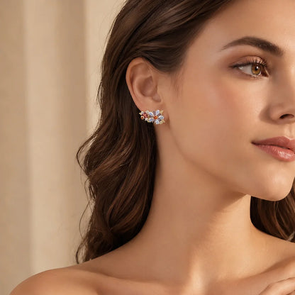 Damen-Ohrstecker Blumen bunte Steine Gelbgold aus Sterlingsilber