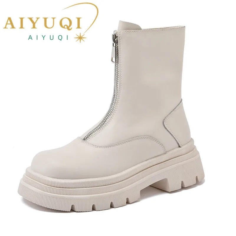 Damen Chelsea-Boots aus Leder, hellbeige, mit Reißverschluss und profilierter Plateausohle