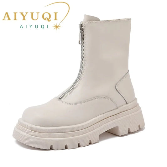 Damen Chelsea-Boots aus Leder, hellbeige, mit Reißverschluss und profilierter Plateausohle