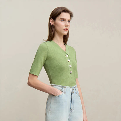 Damen V-Ausschnitt Pullover Wolle-Mix Halbarm Slim Frühling-Herbst