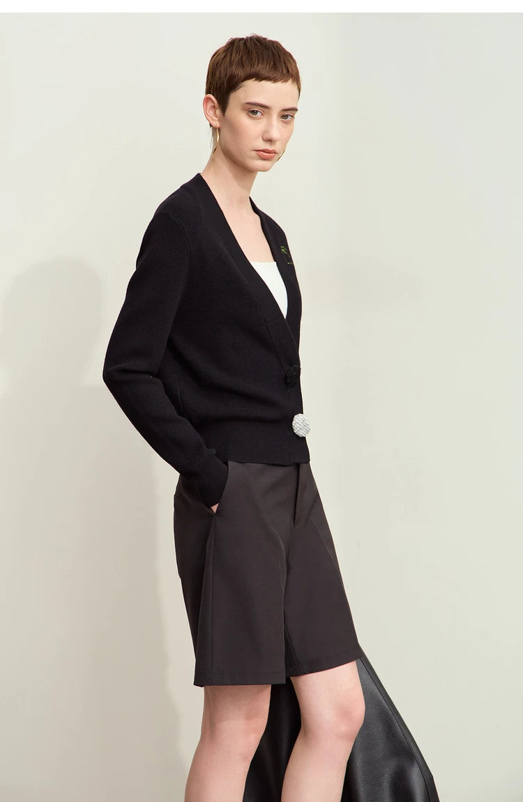 Damen-Strickjacke V-Ausschnitt Stickerei locker Langarm Herbst